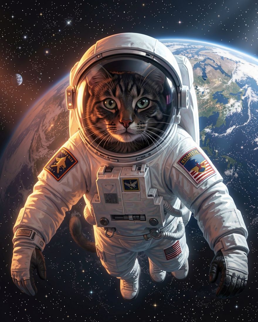 Astronaut pet portrait of Mabel, a tabby cat, painted from a phone photo