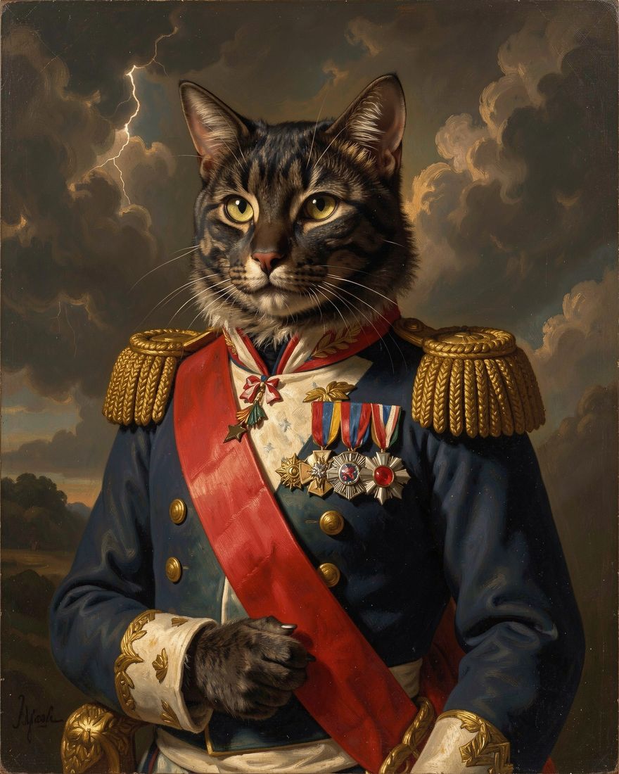 The General pet portrait of Mabel, a tabby cat, painted from a phone photo
