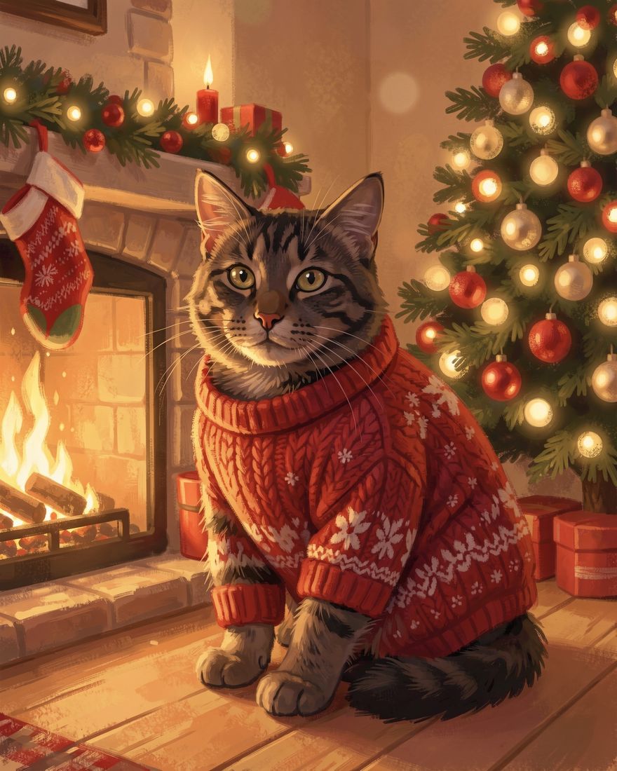 Holiday pet portrait of Mabel, a tabby cat, painted from a phone photo
