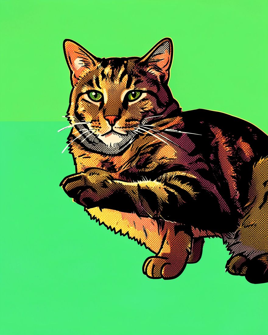 Pop Art pet portrait of Mabel, a tabby cat, painted from a phone photo