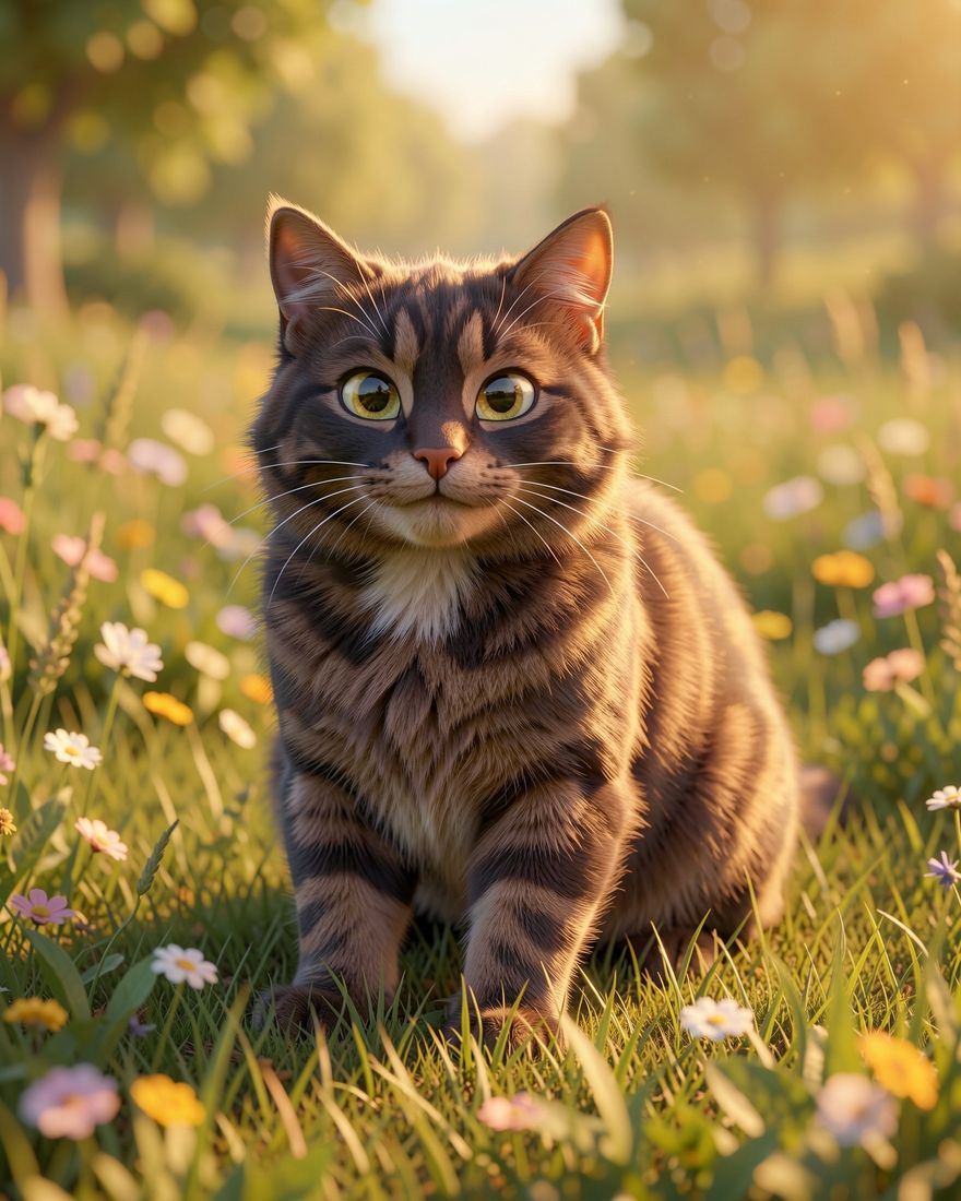 Storybook pet portrait of Mabel, a tabby cat, painted from a phone photo