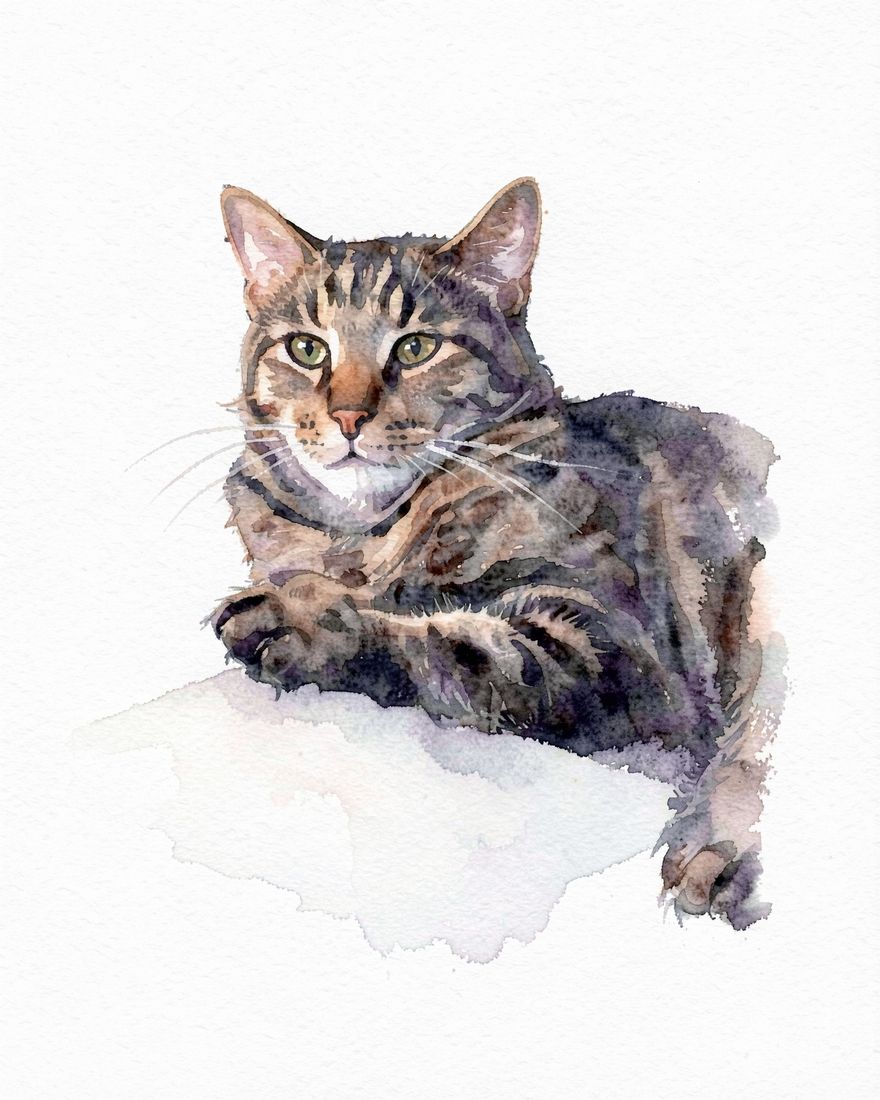 Watercolor pet portrait of Mabel, a tabby cat, painted from a phone photo